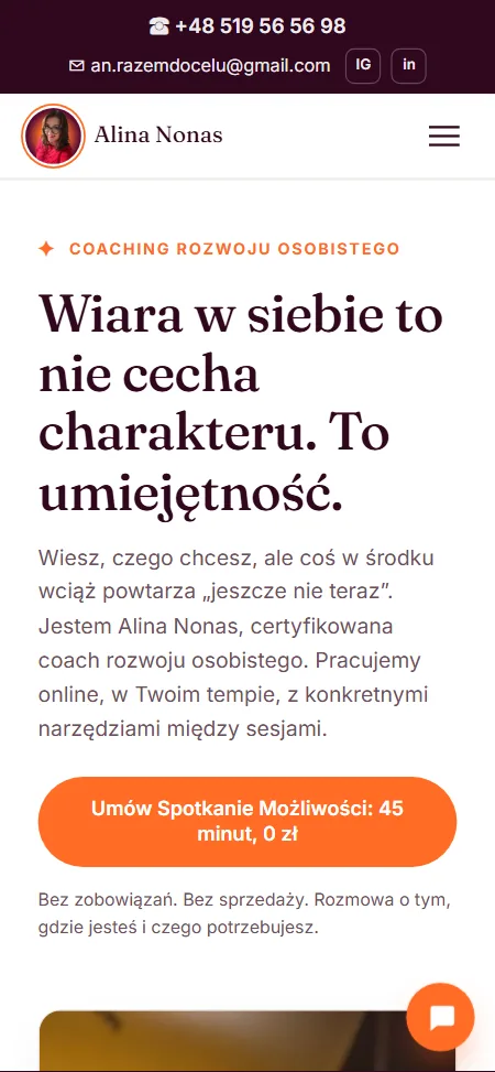 Strona Coacha Aliny Nonas, widok na telefonie