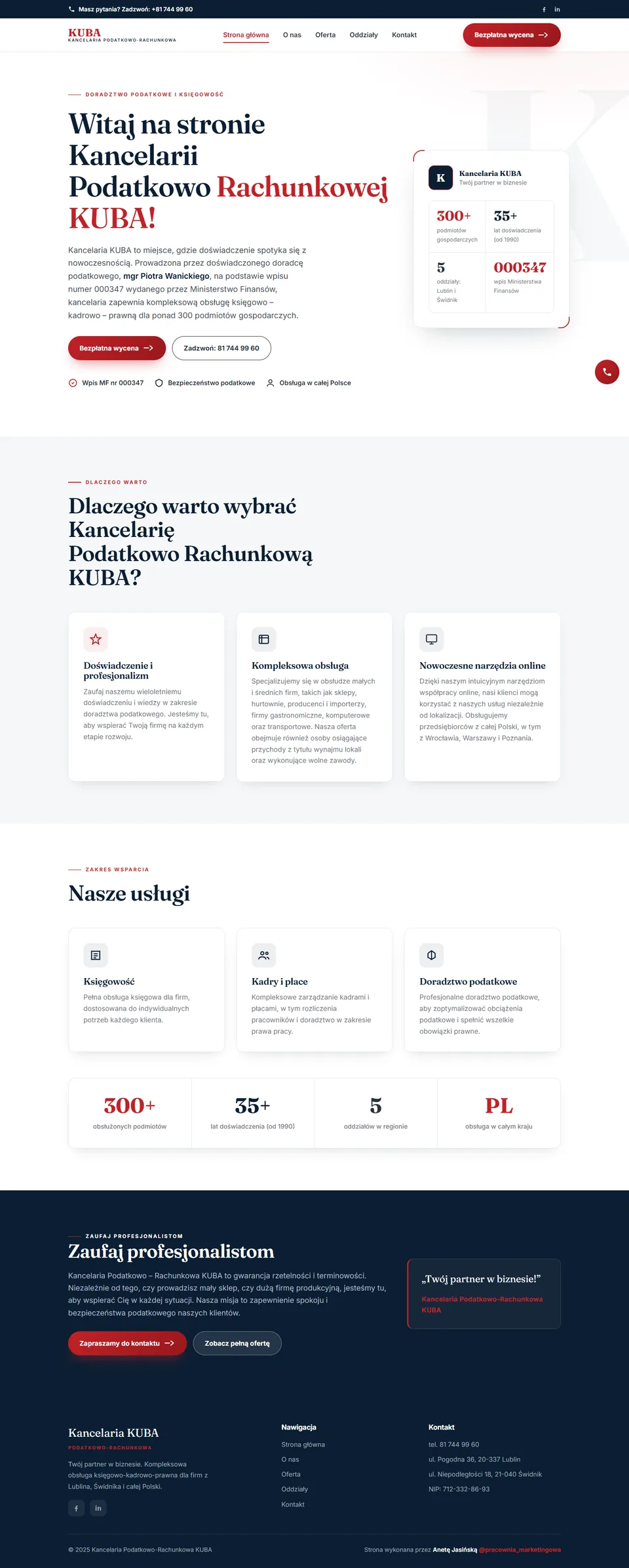 Projekt strony Kancelarii Podatkowo-Rachunkowej KUBA, widok na komputerze
