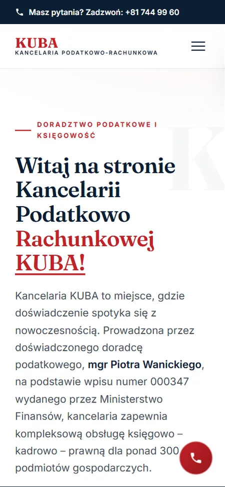 Projekt strony Kancelarii Podatkowo-Rachunkowej KUBA, widok na telefonie